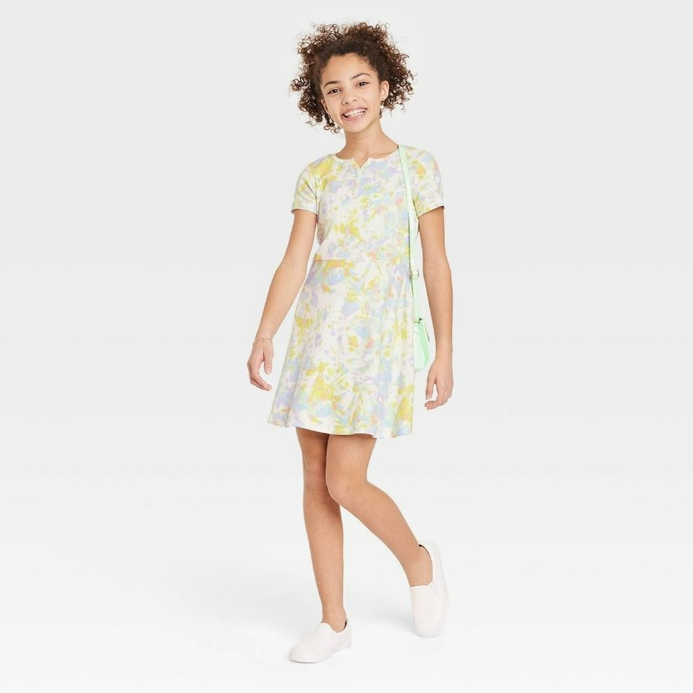 Girls' Henley Skater Knit Dress Art Class Cream Tie-Dye Large